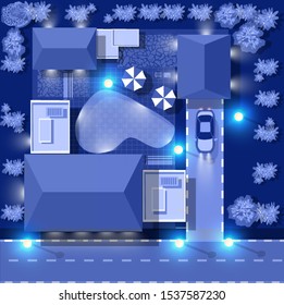 Ultraviolet building map top view city electric night light illuminated house and cars and tree. Vector illustration futuristic architecture design center town.