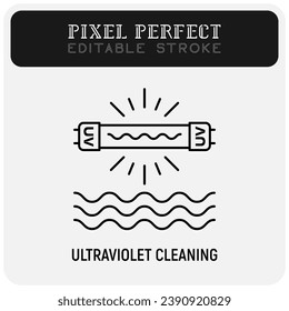 Ultraviolet cleaning of water thin line icon. Disinfection. Editable stroke. Vector illustration.