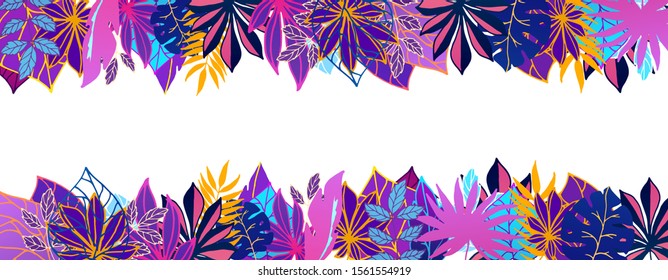 Ultraviolet exotic Hawaiian tropical leaves vector illustration. Summer palm neon fluorescent tropical leaves frame with white space banner. Futuristic bright leaves.