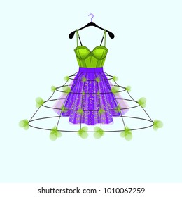 Ultraviolet and fresh green party dress with flower decor. Fashion illustration for party invitation