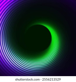 Ultraviolet and green neon curved spiral wavy lines abstract technology background. Futuristic glowing vector design