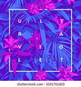 Ultraviolet Hawaiian tropical poster with, palm leaves and flowers.