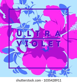 Ultraviolet Hawaiian tropical poster with, palm leaves and flowers.