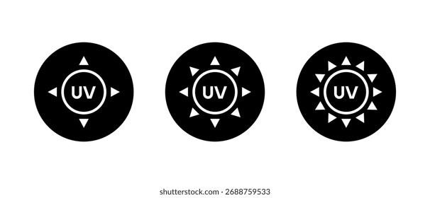 Icono ultravioleta en círculo negro. Luz UV y símbolo de protección de la piel