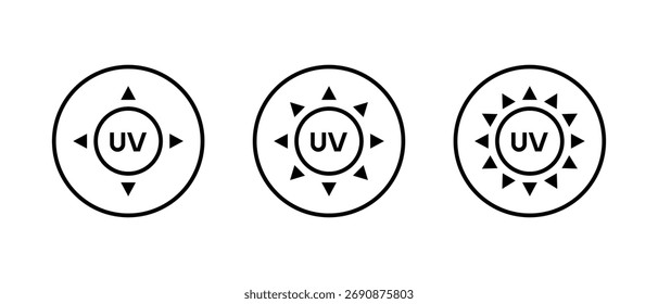 Conjunto de iconos ultravioleta en contorno circular. Luz UV y símbolo de protección de la piel