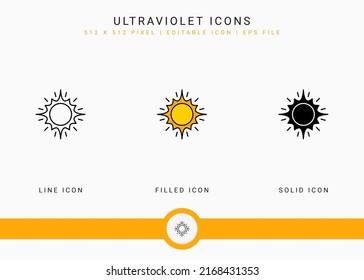 Ultraviolet icons set vector illustration with solid icon line style. Sunscreen protection concept. Editable stroke icon on isolated white background for web design, user interface, and mobile app