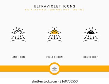 Ultraviolet icons set vector illustration with solid icon line style. Sunscreen protection concept. Editable stroke icon on isolated white background for web design, user interface, and mobile app