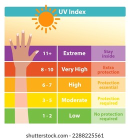 The ultraviolet index chart with tanned skin vector. UV index scale that represents the intensity of UV radiation produced by the sun and get tanned and burned. Skin care and beauty concept.