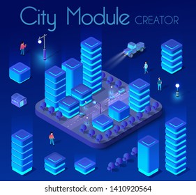 Ultraviolet Isometric City set 3d module block district city with a street road building skyscraper from the urban infrastructure of vector architecture. Modern bright illustration for game design