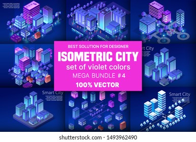 Ultraviolet Isometric City set 3d module block district city with a street road building skyscraper from the urban infrastructure of vector architecture. Modern bright illustration for game design