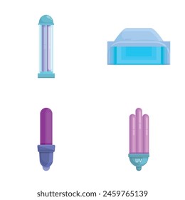 Iconos de lámpara ultravioleta conjunto de dibujos animados Vector. Lámpara luminosa diversa con rayos Uv. Dispositivo con luz ultravioleta