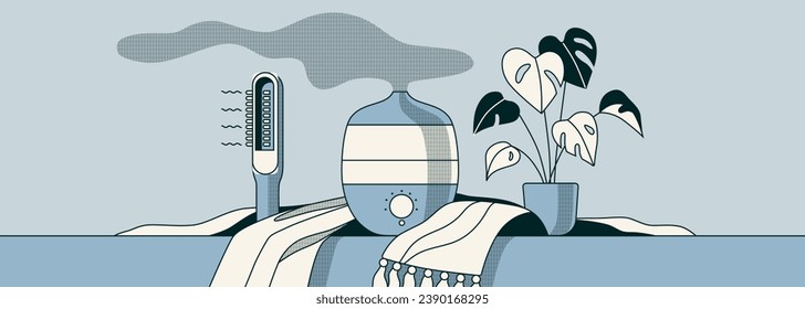 Ultraviolet lamp for the psoriasis treatment. Air humidifier and other methods of treating psoriasis. Vector illustration in flat style. Horizontal minimalistic banner. Header for the website.