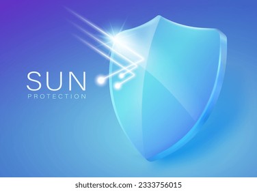 Protector de luz ultravioleta La pantalla protege el sol de los rayos UV. Icono de símbolo de publicidad. Protector solar, cuidado de la piel, loción. Archivo vectorial realista