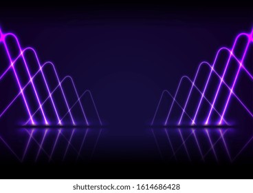 Linhas laser de neon ultravioleta com reflexão. Resumo da tecnologia de raios fundo retro. Design vetorial brilhante futurista