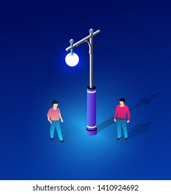 Ultraviolet neon street lamp Isometric people walking men in the street go on the road light illuminated bright urban infrastructure