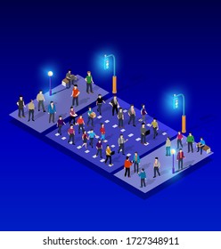 Ultraviolet neon street lamp Isometric people walking at night in the street with road bright illuminated light urban infrastructure. 3D illustration