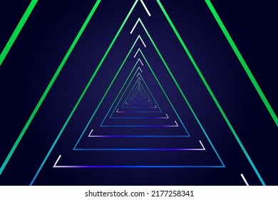 Ultraviolet neon triangular portal, glowing lines, tunnel, corridor, virtual reality, abstract fashion background, violet lights, green blue triangle, vibrant colors, laser show