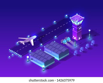 Ultraviolet Night Lights Architecture City Isometric Airport Runway Airport Airline Terminal With Aircraft Aviation Plane Transport From Smart Business Technology, Digital Modern Concept Background