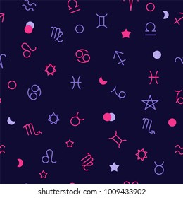 ultraviolet and pink zodiac signs  and geometric shapes on ultraviolet  background. Stylish abstract seamless pattern in trendy style. Vector illustration