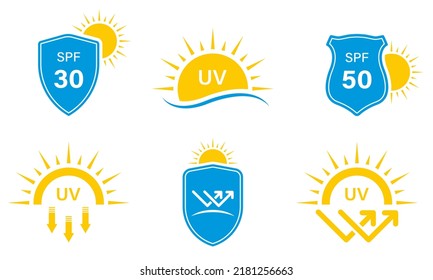 Ultraviolet Protect Silhouette Icon Set. SPF 50 30 Resistant Sunblock Glyph Pictogram. Shield Protection UV Radiation Rays Skin Care Icon. Solar Protection Arrows Sign. Isolated Vector Illustration.