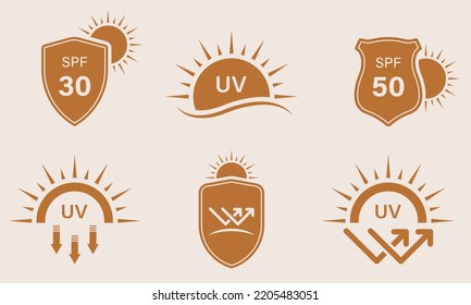 Ultraviolet Protect Silhouette Icon Set. SPF 50 30 Resistant Sunblock Glyph Pictogram. Shield Protection UV Radiation Rays Skin Care Icon. Solar Protection Arrows Sign. Isolated Vector Illustration.