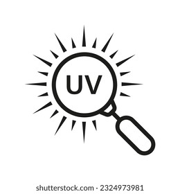 Ultraviolet Rays Research Line Icon. UV with Magnifying Glass Linear Pictogram. Summer Sunshine Outline Symbol. Danger Heatwave Sign. Isolated Vector Illustration.