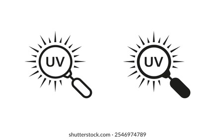 Ultraviolet Rays Research Line and Silhouette Icon Set. UV with Magnifying Glass Pictogram. Danger Heatwave Sign. Isolated Vector Illustration.