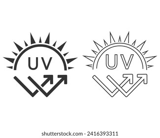 Ultraviolet Rays Silhouette Black line Icon set. SPF Sun Ray Resistant Sunblock. Sun UV Arrow Protect Radiation Glyph Pictogram. Sunblock Protection Defense Skin Care Icon. Isolated Vector