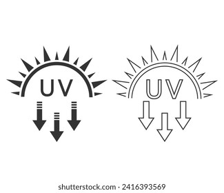 Ultraviolet Rays Silhouette line Icon set. Sun UV Arrow Protect Radiation Glyph Pictogram. Sunblock Protection Defense Skin Care Icon. SPF Sun Ray Resistant Sunblock. Isolated Vector