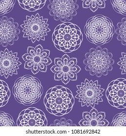 Ultraviolet seamless background with monoline white lace patterns in vintage style, trendy purple color combined with white, elegant fabric, textile patterns