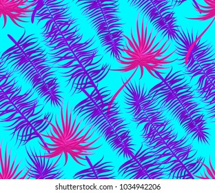 Ultraviolet semless palm leaf design. Vector tropical textile illustration. Seamless summer pattern. Colored ultra violet exotic leaves. Cyberpunk fachion floral paradise.