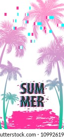 Ultraviolet summer time palm tree banner poster. Tropical monochrome colored advertise. Travel sale invitation. Vertical vector illustration background. Glitch effect. Simple silhouette.