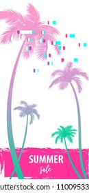 Ultraviolet summer time palm tree banner poster. Tropical monochrome colored advertise. Travel sale invitation. Vertical vector illustration background. Glitch effect. Simple silhouette.