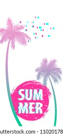 Ultraviolet summer time palm tree banner poster. Vertical vector illustration background. Glitch effect. Simple silhouette.