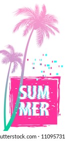 Ultraviolet summer time palm tree banner poster. Tropical monochrome colored advertise. Glitch effect. Simple silhouette.