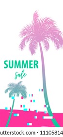 Ultraviolet summer time palm tree banner poster. Tropical monochrome colored advertise. Glitch effect. Simple silhouette.