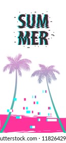 Ultraviolet summer time palm tree banner poster. Tropical monochrome colored advertise. Travel sale invitation. Vertical vector illustration background. Glitch effect. Simple silhouette.