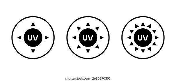 Icono de sol ultravioleta establecido en contorno circular. Luz UV y símbolo de protección de la piel