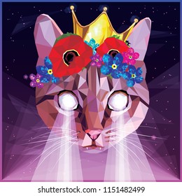 Ultraviolet vaporwave synthwave cat with a floral poppies, forget me nots and golden crown, colorful 80s - 90s low poly design. Animal portrait creative postmodernism card artwork in night landscape.