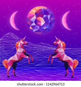 Ultraviolet vaporwave synthwave style illustration 80s - 90s colorful low poly design. Vector card illustration. Creative postmodernism artwork with unicorns in night landscape.