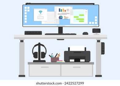 Ultrawide monitor on modern worktables, Workplace and working space concept, Front view of clean desk, Printer and headphone and phone charger on the adjustable desk.