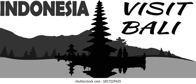 Ulun Danu Beratan Temple Silhouette Vector Design - Visit Bali, Indonesia