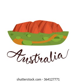 Uluru. Vector travel card. Travel to Australia. Symbol of Australia. Australia calligraphy.