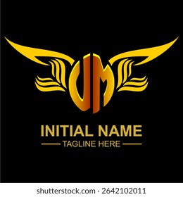 UM Golden Wing Emblem Logo with elegant gold wings, sleek and modern design. Ideal for branding, creative projects, luxury businesses, or artistic ventures.
