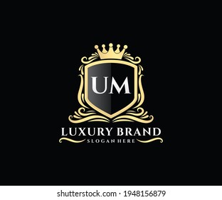 UM Initial Letter, Gold text with feminine floral hand drawn heraldic monogram, Antique vintage style luxury logo design.