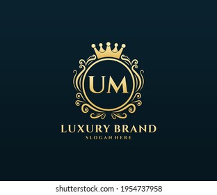 UM Initial Letter, Gold text with feminine floral hand drawn heraldic monogram, Antique vintage style luxury logo design.