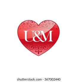 U&M initial letter logo with ornament heart shape