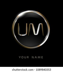 UM initial letters with circle elegant logo golden silver black background