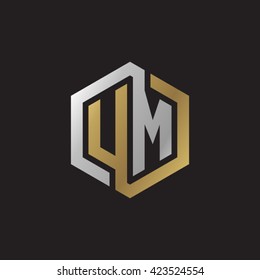 UM initial letters looping linked hexagon elegant logo golden silver black background