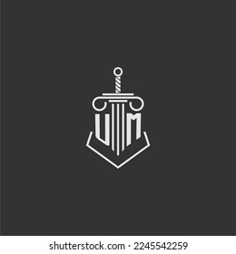 UM initial monogram law firm with sword and pillar logo design